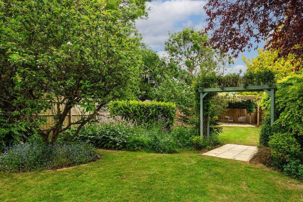 Garden with a pergola and colourful flower borders